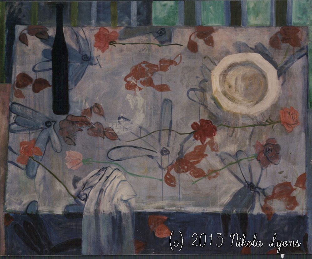 Nikola Lyons: Roses On A Patterned Tablecloth